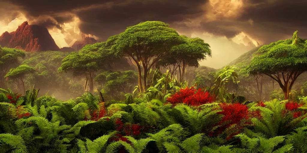 Prompt: a prehistoric savanna with giant ferns, red shrubs, waterfall, mountains, towering cumulonimbus clouds, volumetric lighting, hazy, washed out, an award winning digital render, beautiful, ultradetailed, hyperrealistic, great composition