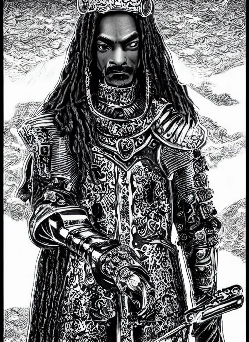 Image similar to Snoop Dogg as a knight, highly detailed, black and white, manga, art by Kentaro Miura