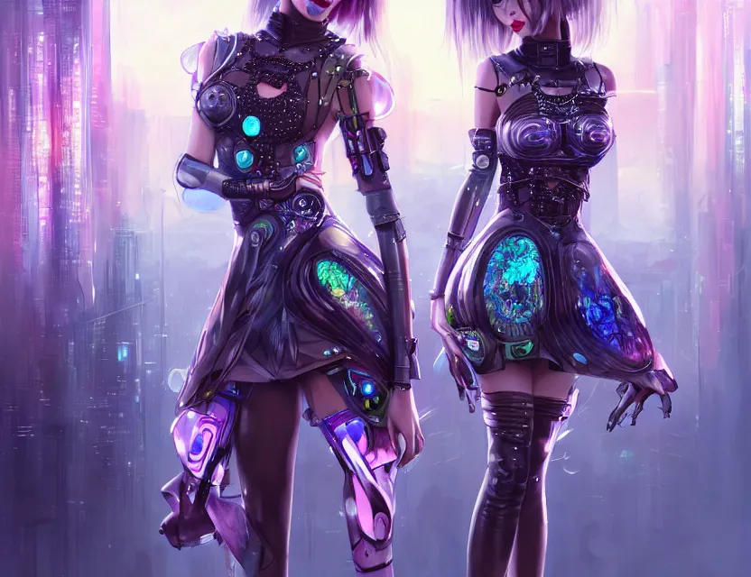 Image similar to two beautiful fashion cyberpunk girls wear fantasy dress in festival | | big eyes, sunny, dreamlike art, realistic shaded, smile, good looking, hyper details, 4 k realistic, cryengine, realistic shaded lighting poster by artgerm, ross tran, fuji choko, loish, artgerm, 8 k resolution, trending on artstation, luxury