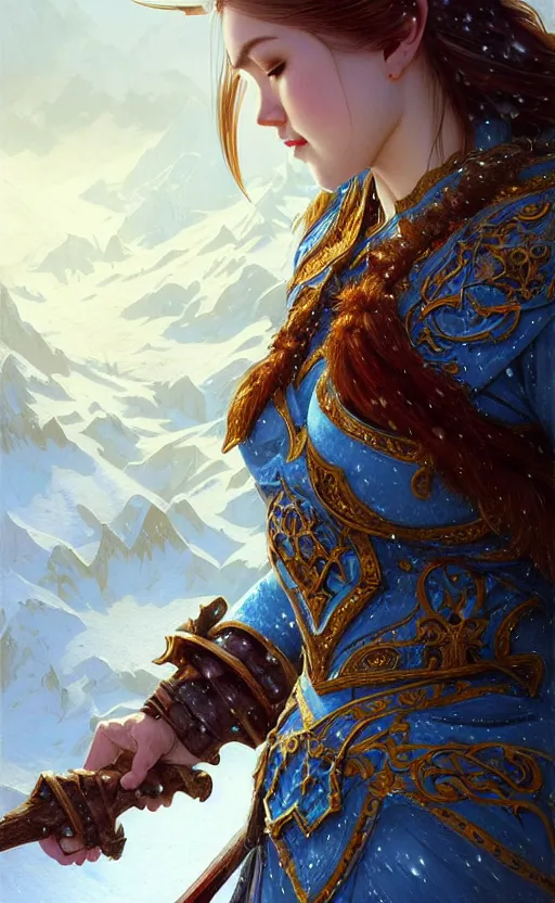 Image similar to azure viking warrior, regal, elegant, winter, snow, beautiful, stunning, hd, illustration, epic, d & d, fantasy, intricate, elegant, highly detailed, wide angle, digital painting, artstation, concept art, smooth, sharp focus, illustration, wallpaper, art by artgerm and greg rutkowski and alphonse mucha and jin xiaodi