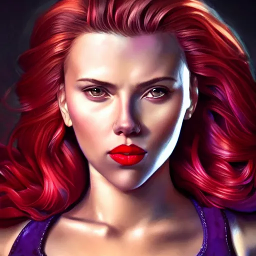 Prompt: scarlett johansson as thanos, feminine beautiful muscular fitness model wearing armor, red lips, attractive, highly detailed full body portrait, pretty face, elegant, breathtaking art, concept art, by artgerm and ilya kuvshinov