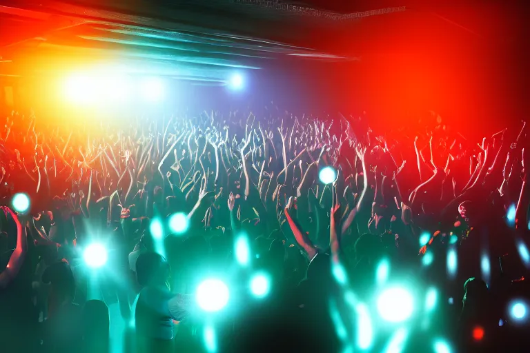 Image similar to crowd partying with their hands up at a club, some hands are making heart shapes, volumetric lighting, haze, moving heads light beams, spot lights, disco ball, silhouette, digital art, trending on artstation, 4k, unreal engine, intricate, ornate