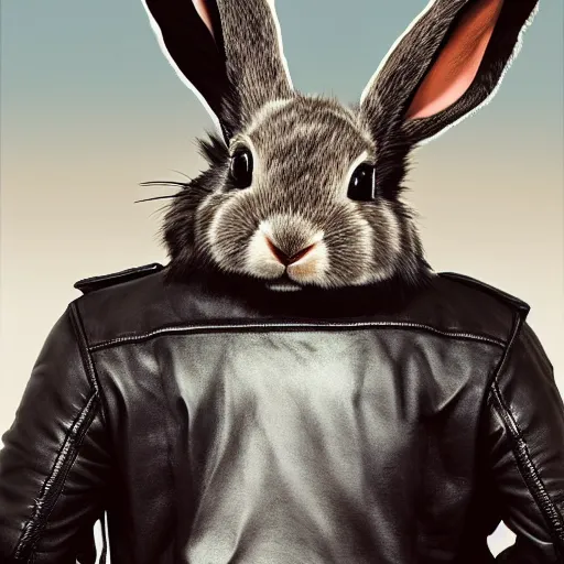 Image similar to a bunny wearing a leather jacket, riding a suzuki dr 6 0 0 motorcycle, highly detailed, digital painting, artstation, concept art, matte, sharp focus, highly detailed, 4 k, hdr, smooth, sharp focus, high resolution, award - winning photo, photorealistic, art by artgerm and greg rutkowski and alphonse mucha, large shot