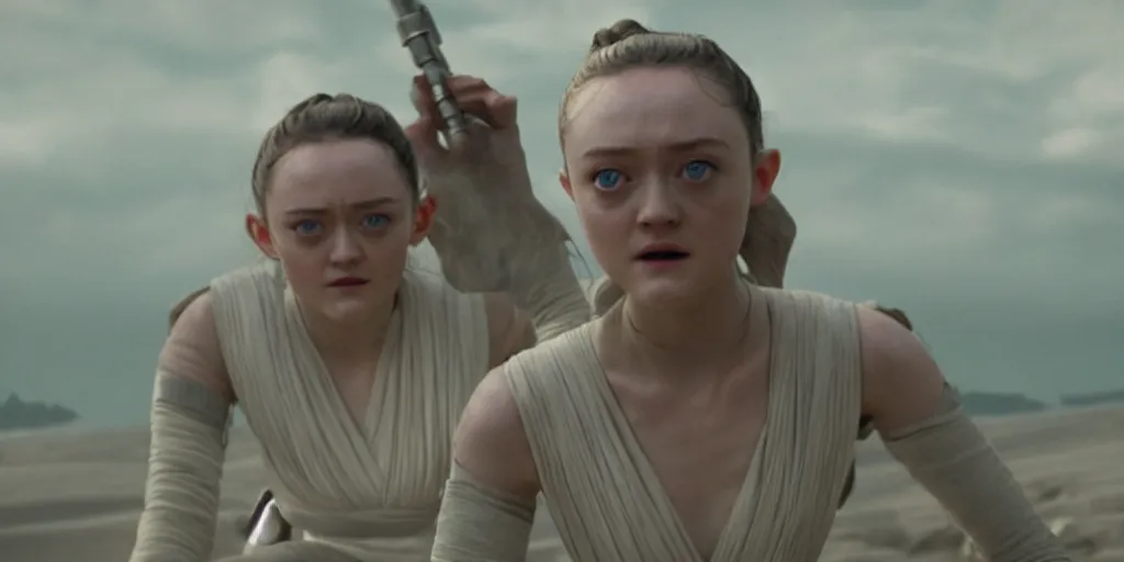 Prompt: Dakota Fanning as rey in the new star wars movie, cinematic, detailed, ultrawide