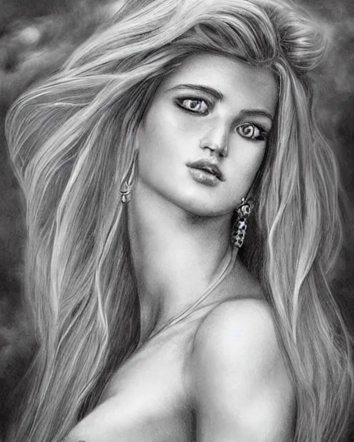 Prompt: tattoo sketch of beautiful greek goddess aphrodite with arrow earrings, beautiful piercing eyes, flowing blonde hair, realistic face, hyper realistic, in the style of greg rutkowski, fantasy, amazing detail, epic, intricate, elegant, smooth, sharp focus