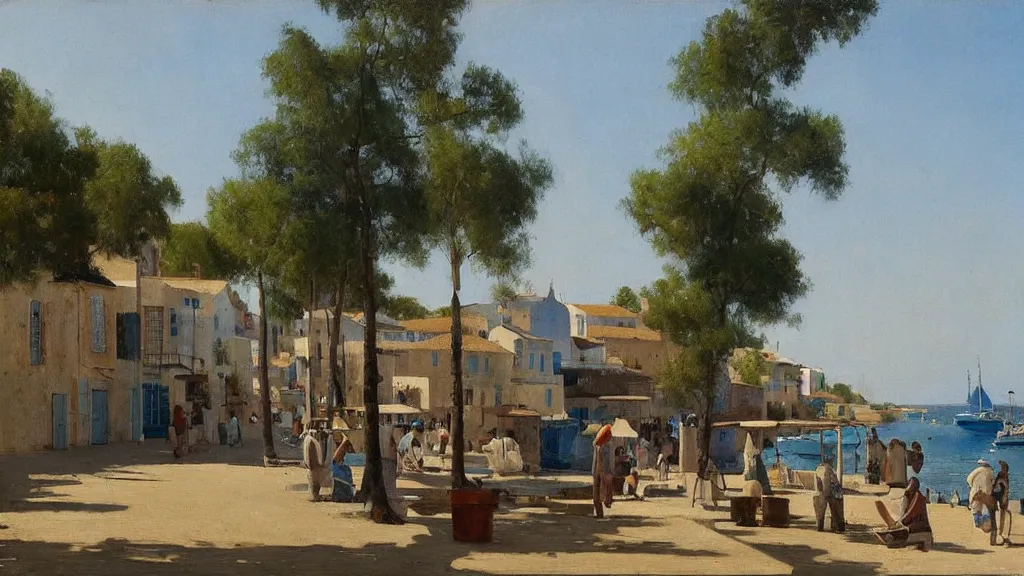 Image similar to a beautiful extremely complex painting of a mediterranean fishing village in summer by peter ilsted, whitewashed housed, tall cypress trees, blue shutters on windows, people walking down a street, fishing boats in the water, beautiful blue water, national gallery of art highlights