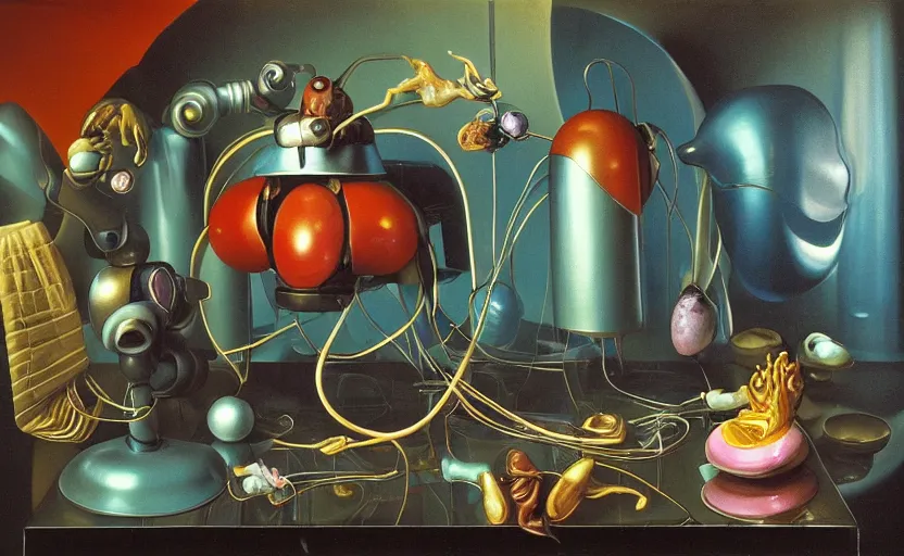 Image similar to strange seductive futuristic robot body, enticing colorful oil painting dutch golden age vanitas still life sparse composition with bulbous objects strange gooey transparent surfaces shiny metal reflections bizarre mutant meat insects rachel ruysch dali todd schorr very detailed perfect composition rule of thirds masterpiece canon 5 0 mm, cinematic lighting, photography, retro, film, kodachrome