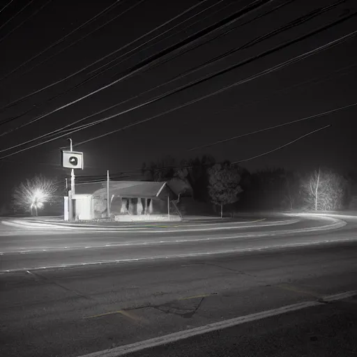 Prompt: A stunningly beautiful award-winning 8K high angle cinematic movie photograph of a spooky foggy empty lightless moonlit main intersection in an abandoned 1950s small town at night, by David Fincher and Darius Khonji, perfect composition, from roofline, moody low key backlit. Color palette from Seven, greens yellows and reds. 2 point perspective, high angle from 15 feet off the ground. Octane render