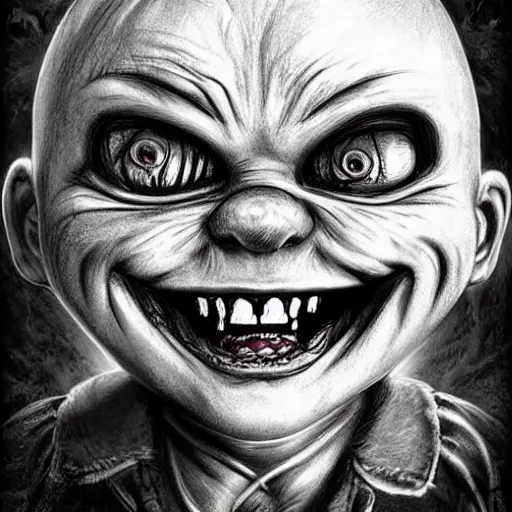 Image similar to surrealism grunge cartoon portrait sketch of chucky with a wide smile, by michael karcz, loony toons style, freddy krueger style, horror theme, detailed, elegant, intricate