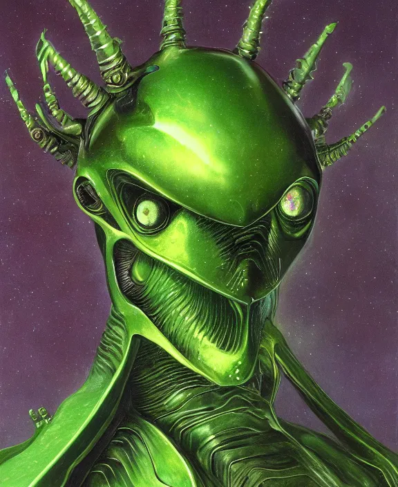 Prompt: a detailed portrait of a menacing armoured alien with glowing green eyes and a crown of jade and topaz crystals by Wayne Barlowe, 4k resolution, photorealistic