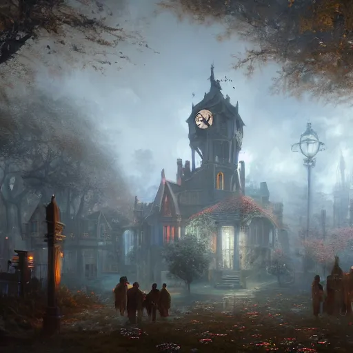 Image similar to clock house, magical world, by greg rutkowski, sung choi, photo realistic, 8 k, cinematic lighting, hd, atmospheric, hyperdetailed, trending on artstation, devainart, digital painting, glow effect