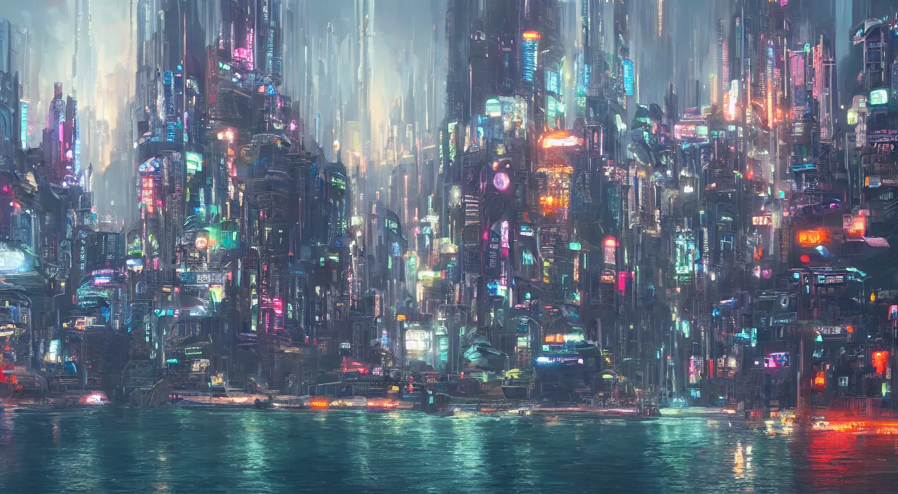 Prompt: a Stunning oil painting of A Great cyberpunk city on the sea by concept art,Retro colour,hyper detailed,4K Resolution