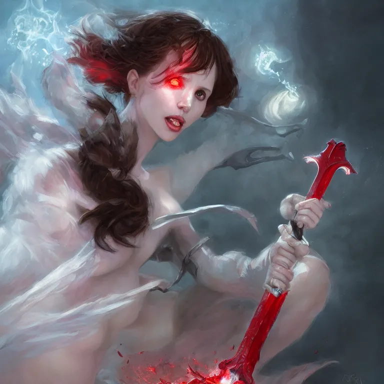 Image similar to portrait of felicity jones as a beautiful pale laughing succubus maiden with sword, nimbus, red lighting, masterpiece 4 k digital illustration by ruan jia and mandy jurgens and artgerm, highly detailed, trending on artstation, award winning