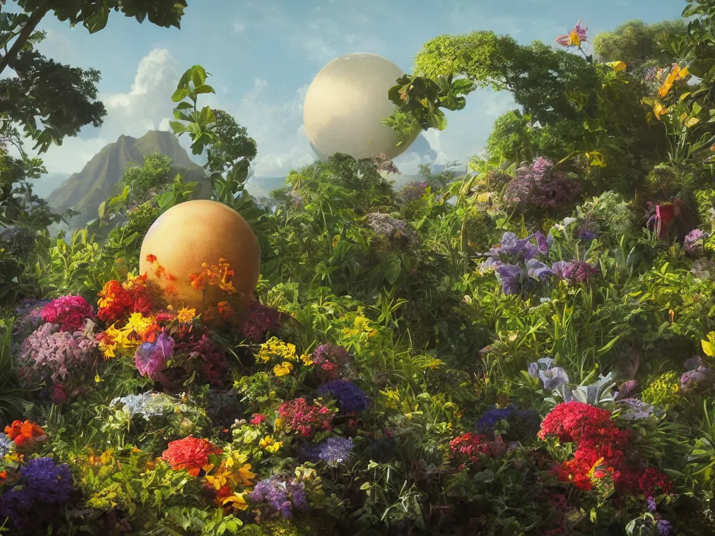 Image similar to sunlight study, the universe is a spheroid region 7 0 5 meters in diameter of kauai wildflower undergrowth, art nouveau, by jan davidz de heem and ( ( ( ( ( lisa frank ) ) ) ) ), 8 k, sharp focus, octane render