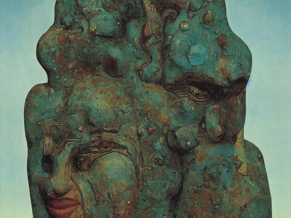 Prompt: Albino mystic with blue eyes, looking in the distance at giant Oceanian totemic archaic sculpture mound mask made from Malachite in the strange ravine. Painting by Jan van Eyck, Beksinski, Rene Magritte, Agnes Pelton, Max Ernst, Walton Ford