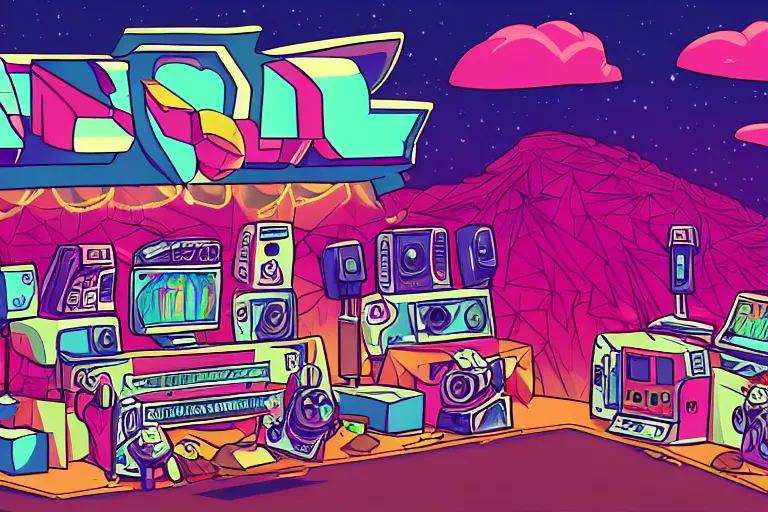 Image similar to radio station in steven universe video game art style, hiphop, hick outlines, color vector art, artstation, intricate details, illustration, 4 5 degree camera angle