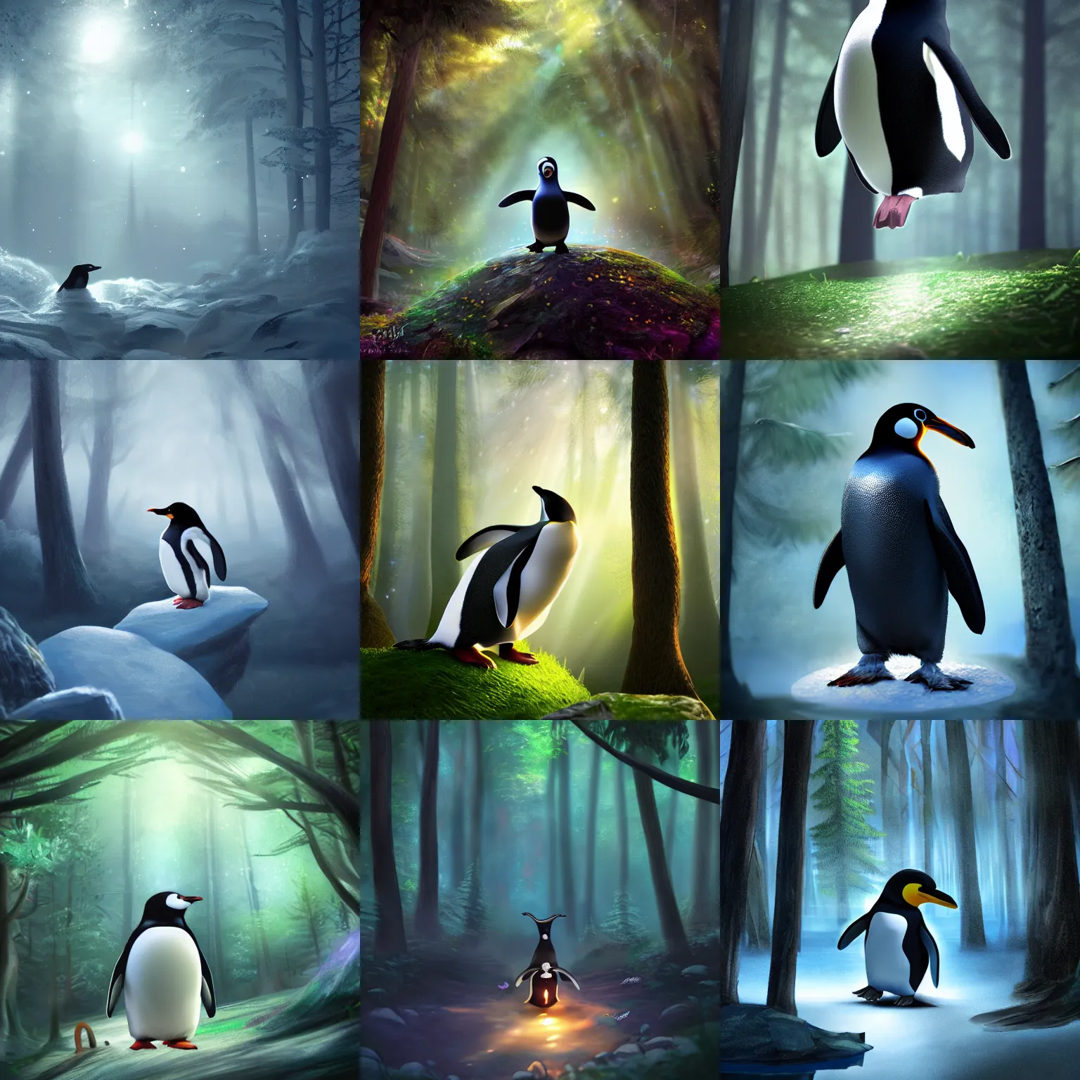 Prompt: magical penguin in the forest , realistic cinematic, volumetric lighting, centered, symmetrical, sharp focus, digital painting, mystical art, smooth, trending on Artstation, 4k