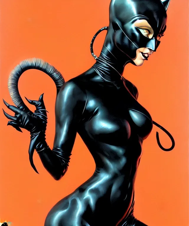 Image similar to cat woman from batman in the style of hajime sorayama, peter mohrbacher, wayne barlowe, gustav moreau, bussiere, roberto ferri, santiago caruso, luis ricardo falero, austin osman spare, boris vallejo, dali