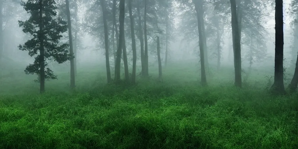 Prompt: calming fog over the woods on a mountain, green, photorealistic