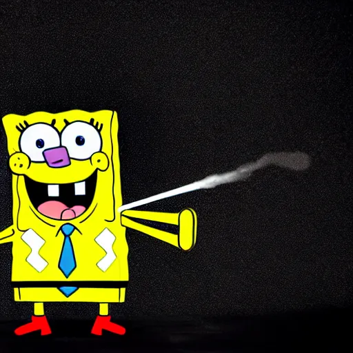 Image similar to high detail full body shot of spongebob squarepants shooting a machine gun with muzzle flash, cinematic framing, cinematic light, hard shadows,