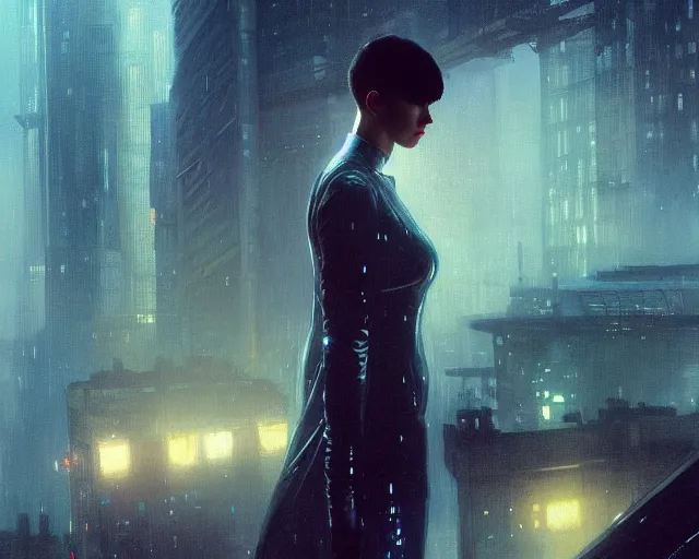 Image similar to 2 0 1 8 blade runner movie still girl look at the cityscape from roof perfect face fine realistic face pretty face neon puffy jacket blue futuristic sci - fi elegant by denis villeneuve tom anders zorn hans dragan bibin thoma greg rutkowski ismail inceoglu illustrated sand storm alphonse mucha