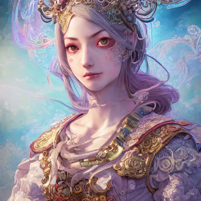 Prompt: studio portrait of neutral good rainbow colorful female cleric bard healer as absurdly beautiful, elegant, young skinny european gravure idol, an ultrafine hyperdetailed illustration by kim jung gi, intricate linework, detailed faces, super sharp focus, bright colors, octopath traveler, final fantasy, unreal engine 5 highly rendered, global illumination, radiant light, detailed and intricate environment