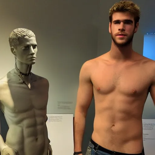 Image similar to “a realistic detailed photo of a guy who is an attractive humanoid who is half robot and half humanoid, who is a male android, actor Liam Hemsworth, shiny skin, posing like a statue, blank stare, at the museum, on display”