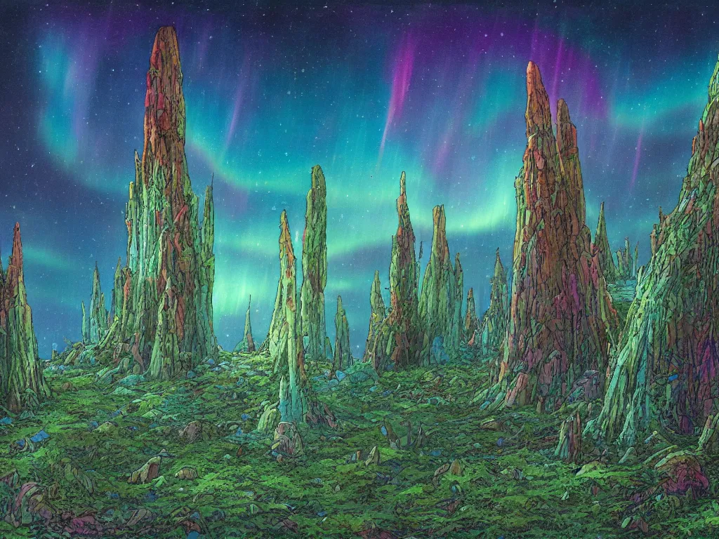 Image similar to an epic concept art, intricate coral, fungal gems, iridescent crystal monoliths, obelisks and an aurora borealis, mossy stumps, cell shading, by moebius, hiroshi yoshida, druillet, colorful, vivid colors