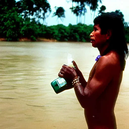 Image similar to Portrait of an Amazon indigenous tribe leader finding a plastic bottle at the shore of the Amazon River, 1980s photography