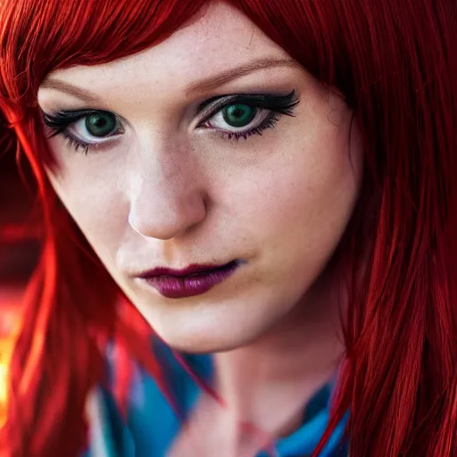 Image similar to Mary Jane cosplay by Dominique Mcelligott, seductive gaze, 8k, professional photography, cinematic studio shot, dark, smoke