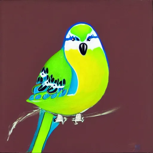 Image similar to art of a budgie maniacally grinning with a glint in its eye