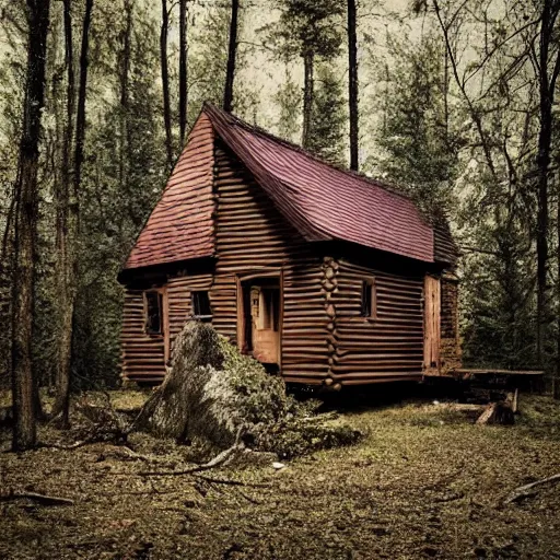 Prompt: a photo of a Eerie cabin in the middle of the woods in the style of Yohji Yamamoto