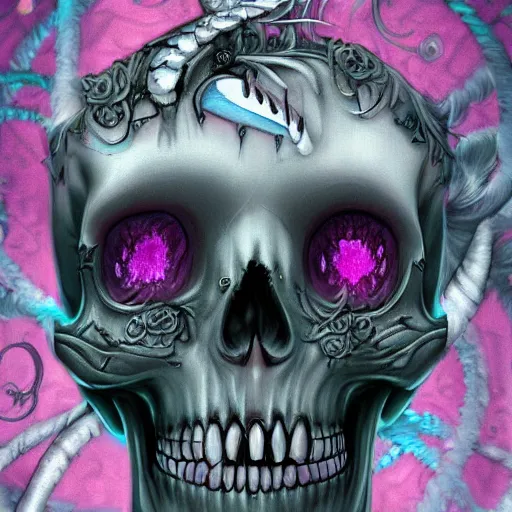 Image similar to digital art painting pastel goth aesthetic, creepy kawaii skull, highly detailed, highly intricate, artstation