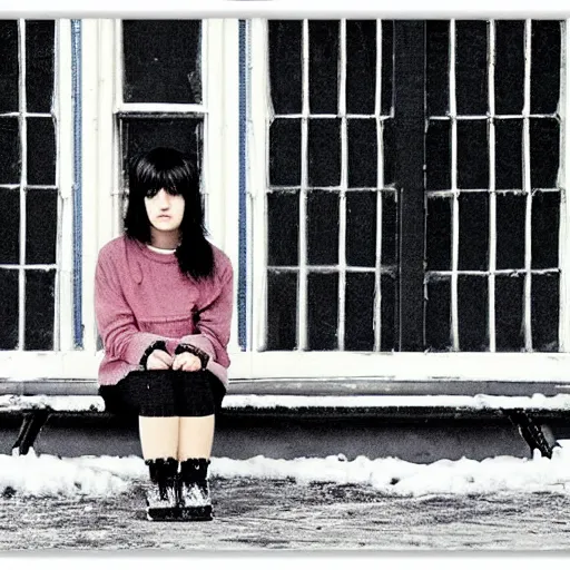 Prompt: an emo goth girl sitting on a bench in front of a British house on a freezing cold day, 2006, black hair