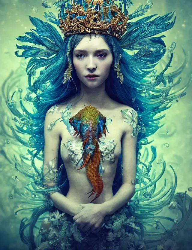 Image similar to blurred background. close-up portrait of a goddess in crown made of skulls. betta fish, phoenix, bioluminiscent creature, super intricate ornaments, by Anne Bachelier by Anka Zhuravleva, Anato Finnstark and Alena Aenami, Bruno Walpoth. unreal engine