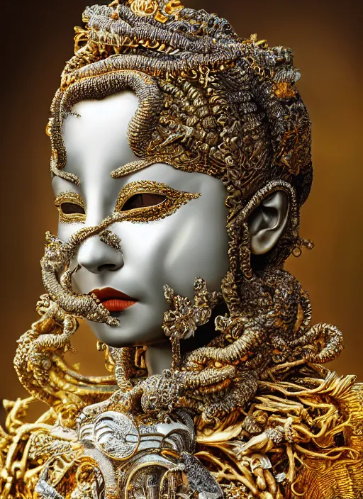 Image similar to hyperrealism, detailed textures, award winning photo, symetrical japanese medusa queen autochrome portrait, silverplate, intricate, detailed facial animal mask, golden jewelery, silverplate, ultra realistic, cinematic, intricate, cinematic light by steve mccurry, unreal engine 8 k