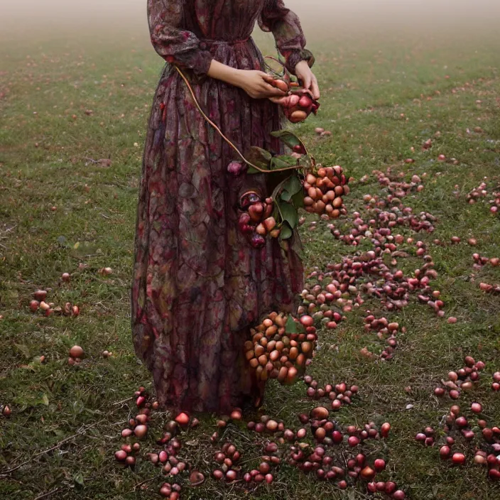 Prompt: a closeup portrait of a woman wearing a dress made of tangled twisted knotted iridescent ribbon, picking pomegranates from a tree in an orchard, foggy, moody, photograph, by vincent desiderio, canon eos c 3 0 0, ƒ 1. 8, 3 5 mm, 8 k, medium - format print