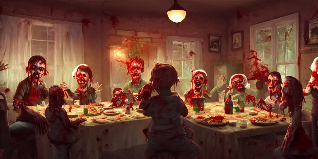 Prompt: a zombie family christmas diner, wide angle, super highly detailed, professional digital painting, artstation, concept art, smooth, sharp focus, no blur, no dof, extreme illustration, unreal engine 5, photorealism, hd quality, 8 k resolution, cinema 4 d, 3 d, beautiful, cinematic, art by wlop