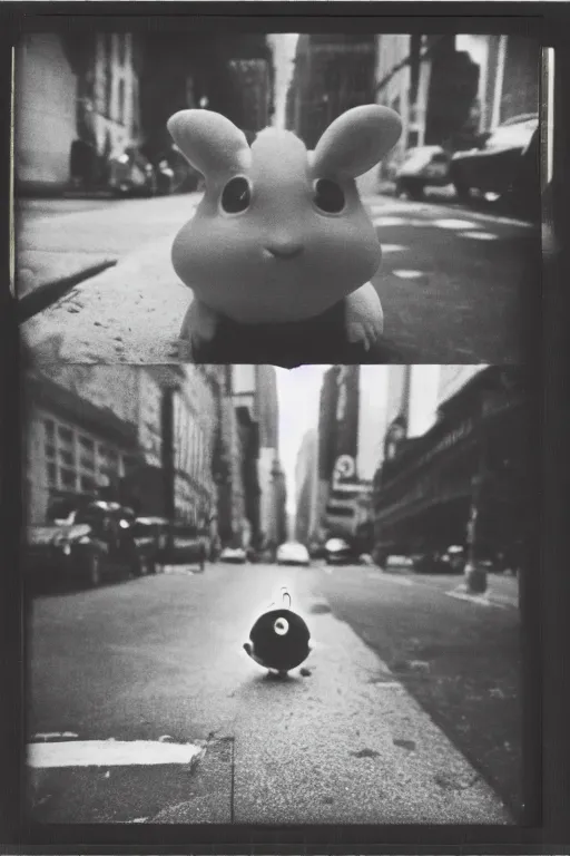 Prompt: photo polaroid of a raichu in the middle of a New York street, loneliness, war, black and white ,photorealistic, 35mm film,