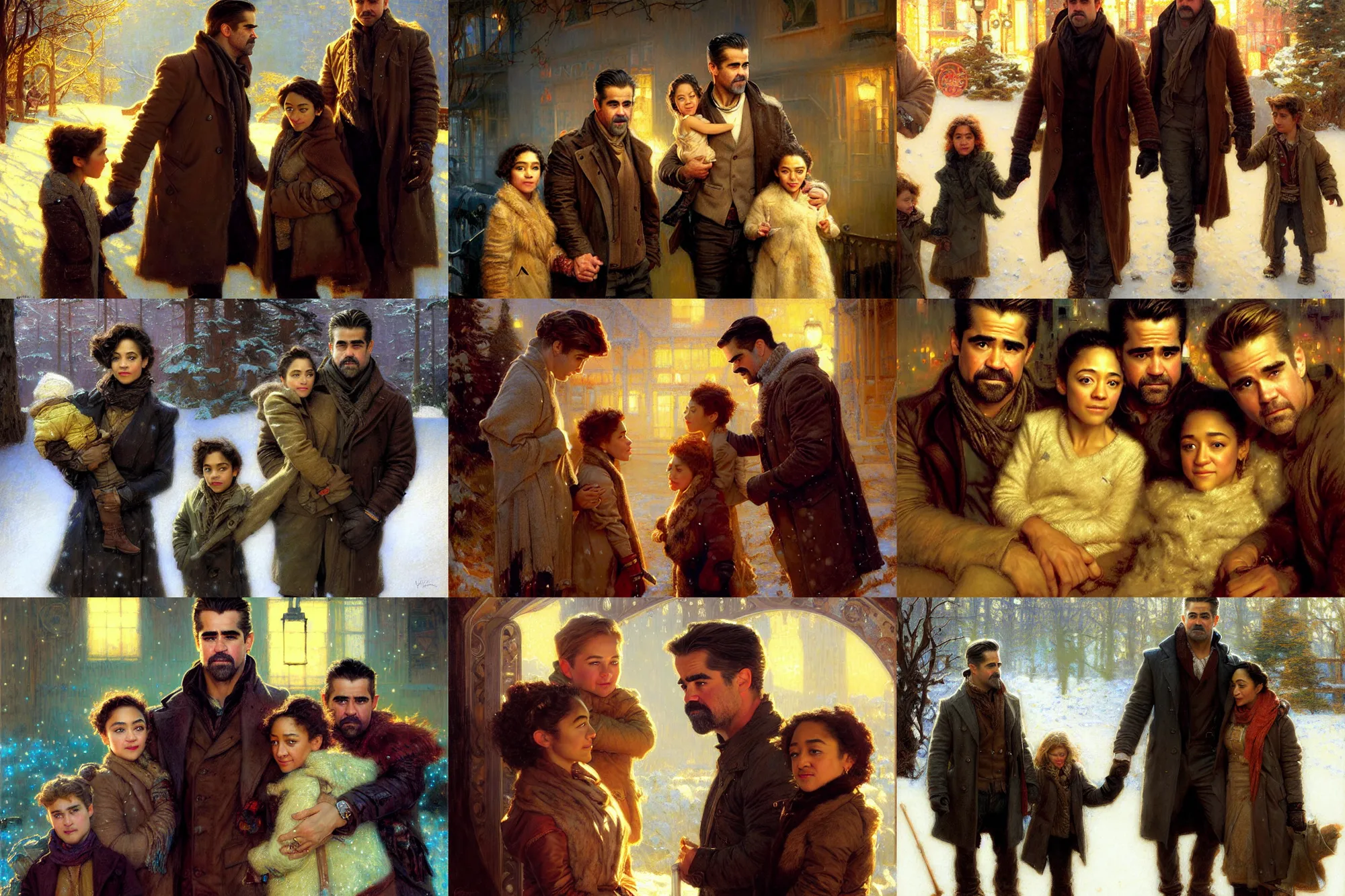 Prompt: winter, family, colin farrell with ruth negga with their kid, neon light, detailed faces, painting by gaston bussiere, craig mullins, j. c. leyendecker