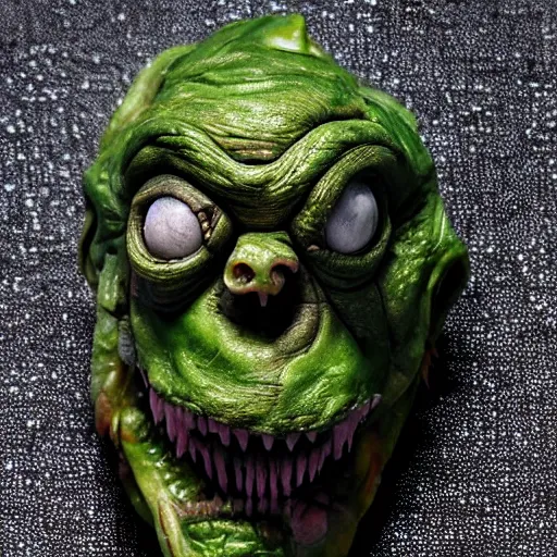 Image similar to photo taken of an epic intricate, ultra detailed, super realistic gritty, terrifying, lifelike sculpture of practical slimer ghost from created for ghostbuster but created by weta workshop, zoomed in shots, photorealistic, sharp focus, cold colour temperture, f 0. 4, face centred