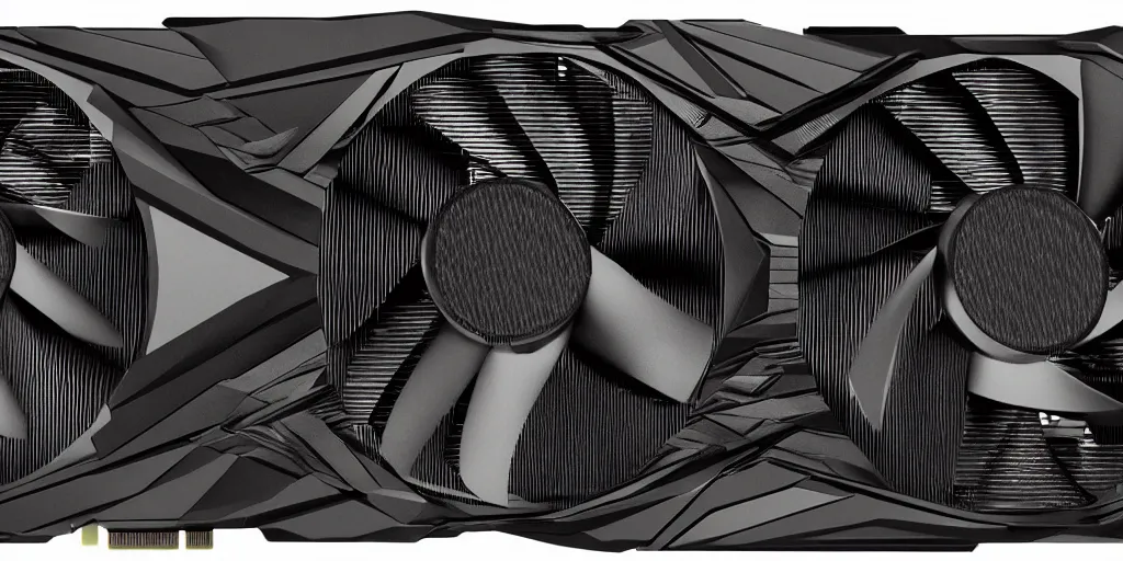 Prompt: product photo of triple wide extra long gtx rtx 4 0 9 0 nvidia gpu graphics card dramatic black background