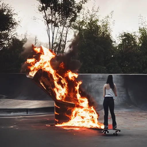 Prompt: advertisement for black skater brand jeans, skatepark on fire, photography, backlit by flames