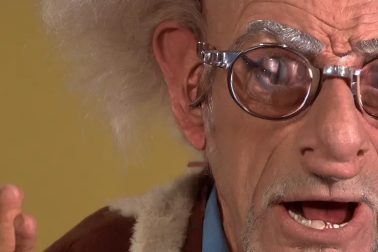 Image similar to christopher lloyd dressed as kramer in seinfeld, screencap, up close portrait of christopher lloyd's face, Kramer wig, 4k image