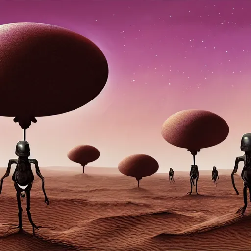 Image similar to Humanoid Ant Aliens on a desert planet with purple sky [realistic detailed digital painting for a Science Fiction Novel, trending on Artstation]