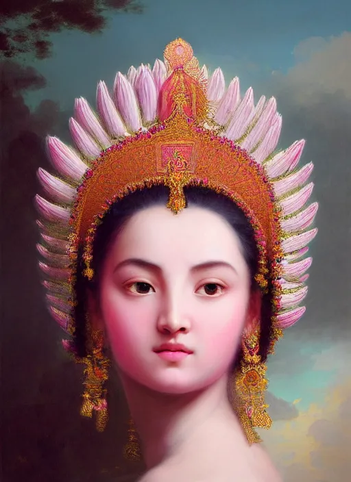 Image similar to stunning afgan godess princess, detailed pink and white protea head peace against a black backdrop by ivan aivazovsky, 3 / 4 view portrait, wlop, super sharp details, photorealism, canon 5 d, 5 0 mm lens, stunning photoshot, beautiful soft lighting, muted colours, artstation