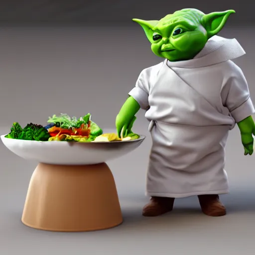 Image similar to curious innocent tiny chubby babyfat baby yoda as chef wearing white chefs hat and white apron, offering a plate of food, vegetables, photography, hyperrealism, unreal engine, octane 3 d render, houdini, unity 3 d, highres, adobe premier pro, trending on artstation, trending on deviantart, thisistheway