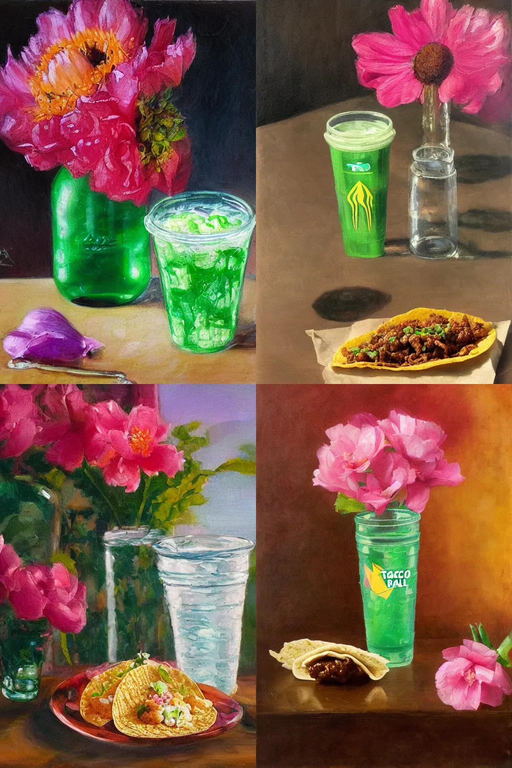 Prompt: taco bell meal with mountain dew in a clear cup next to a single pink flower in a glass jar in front of brown background, oil painting, impressionism