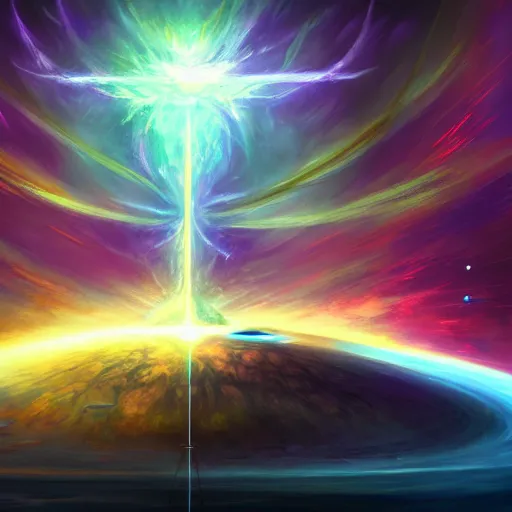 Image similar to concept art for the last imperfect physical life - form seconds before the universe is again in rapturous divine perfect unity!! religious!, final victory of order over disorder!! final defeat of entropy! last act of the universe! digital painting, artstation, smooth, sharp focus