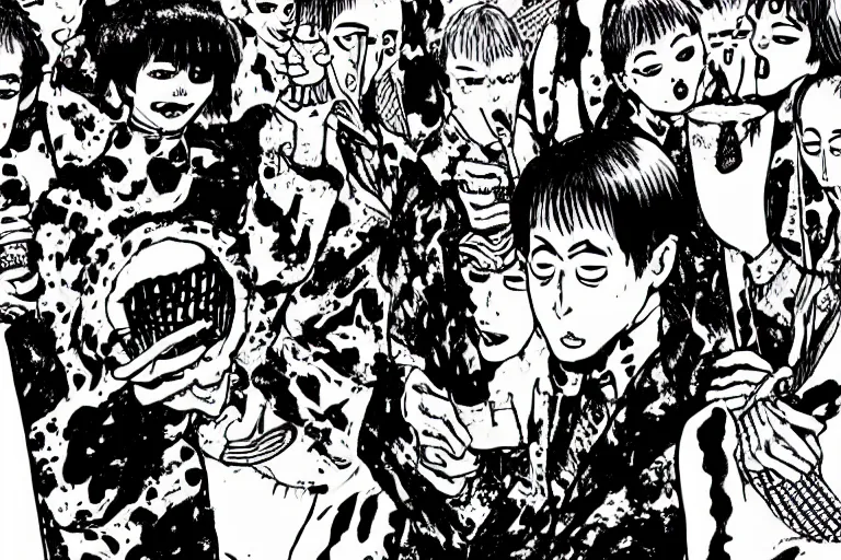 Image similar to Joe Bide eats ice cream and people, Junji Ito